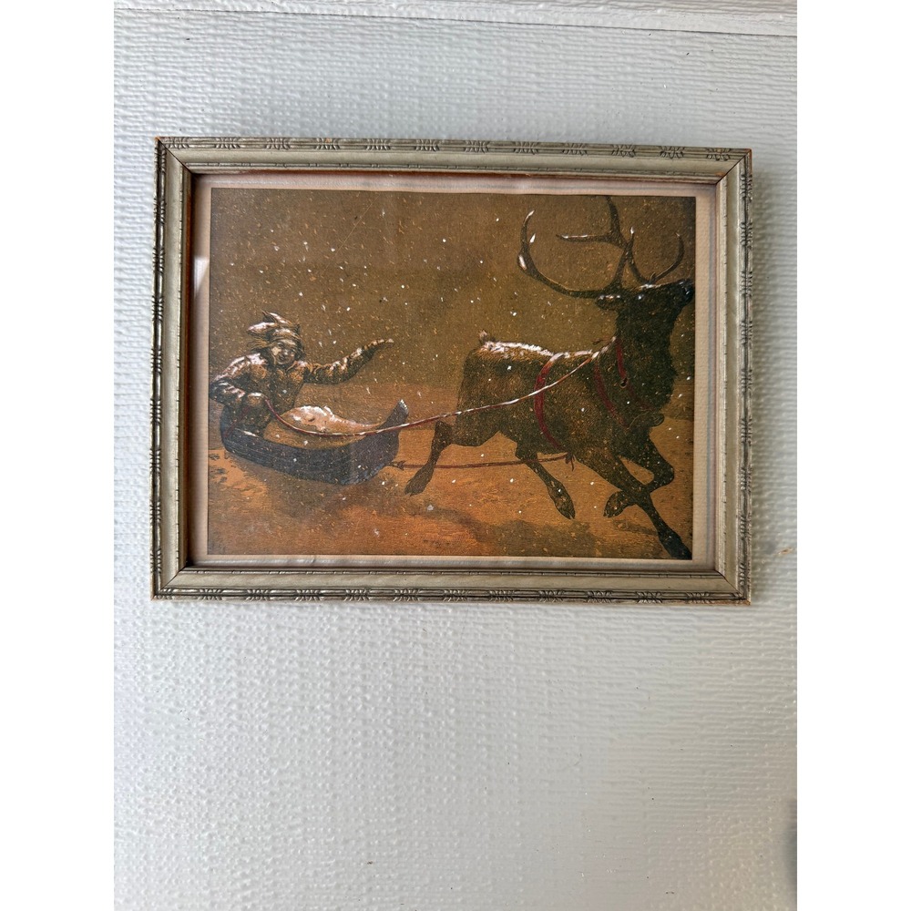 Vintage Framed Reindeer Sled Winter Scene Print Ornate Silver Frame 8.5x6.5